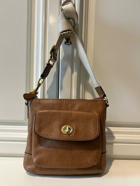 Coach Tan Leather Crossbody Bag with Front Turn-Lock Pocket
